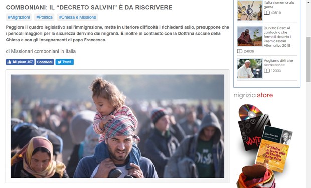 Missionari comboniani: Decreto Salvini contro dottrina sociale e Costituzione