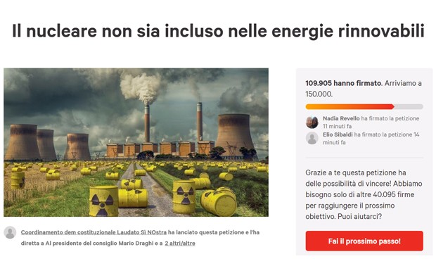 Mancano pochi giorni... l'Osservatorio sulla Transizione Ecologica rilancia la petizione contro nucleare e gas