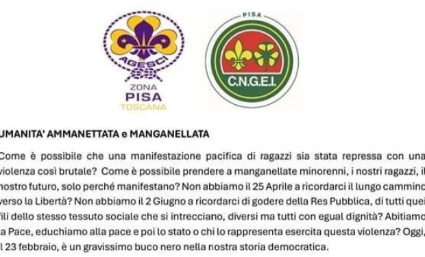 Gli scout di Pisa contro Piantedosi, il governo e la polizia: in piazza una «umanità ammanettata e manganellata» 